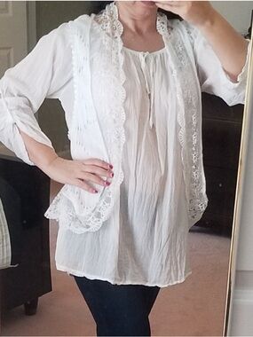 Bright White Crochet Lace Vest and Cotton Tunic Shirt Set Cover Up from Italy